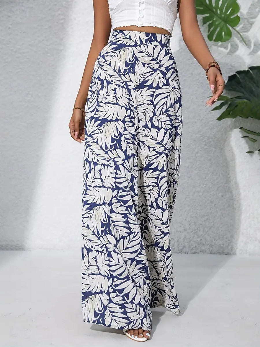 Damen Weite Hosenbeine Chinos Palazzo-Hose Urlaub Streetwear Basic Volle Länge Mittlere Taillenlinie Blumen Tropisch Elastischer Bund Drucken Bequem Unelastisch Täglich Outdoor Straße Blau Marineblau 2026 - $22.99 –P3