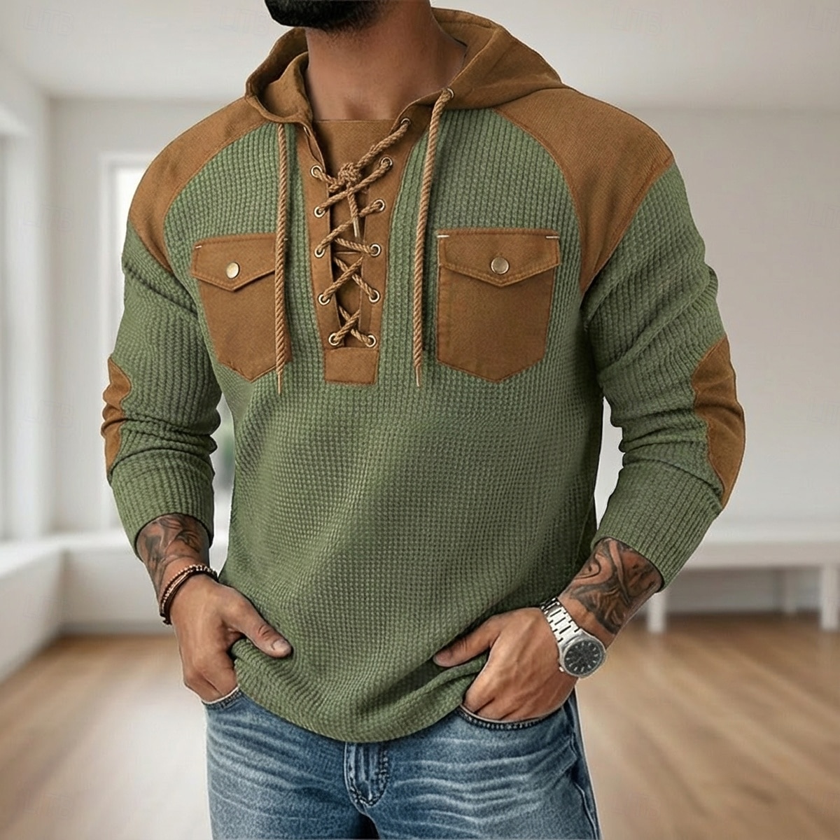 Hombre Camiseta con diseño de gofre Camiseta Camisa henley gofrada Manga Larga Con Capucha cuello con cordones Otoño invierno Primavera & Otoño Retazos Tradicional / Retro Casual Correa Casual Hogar 2026 - $26.99 –P7
