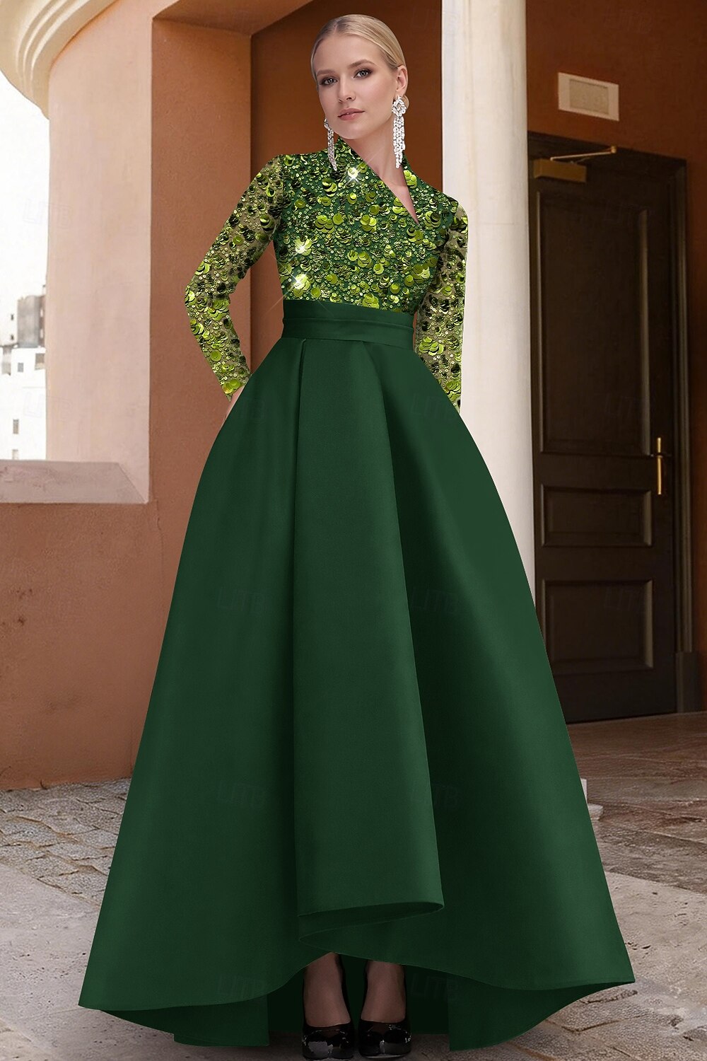 A-Line Asymmetrical Evening Gown Elegant Color Block Glittering Long Sleeve V Neck Wedding Formal Pocket Satin Sequined with Glitter Pocket 2026 - $182.99 –P3