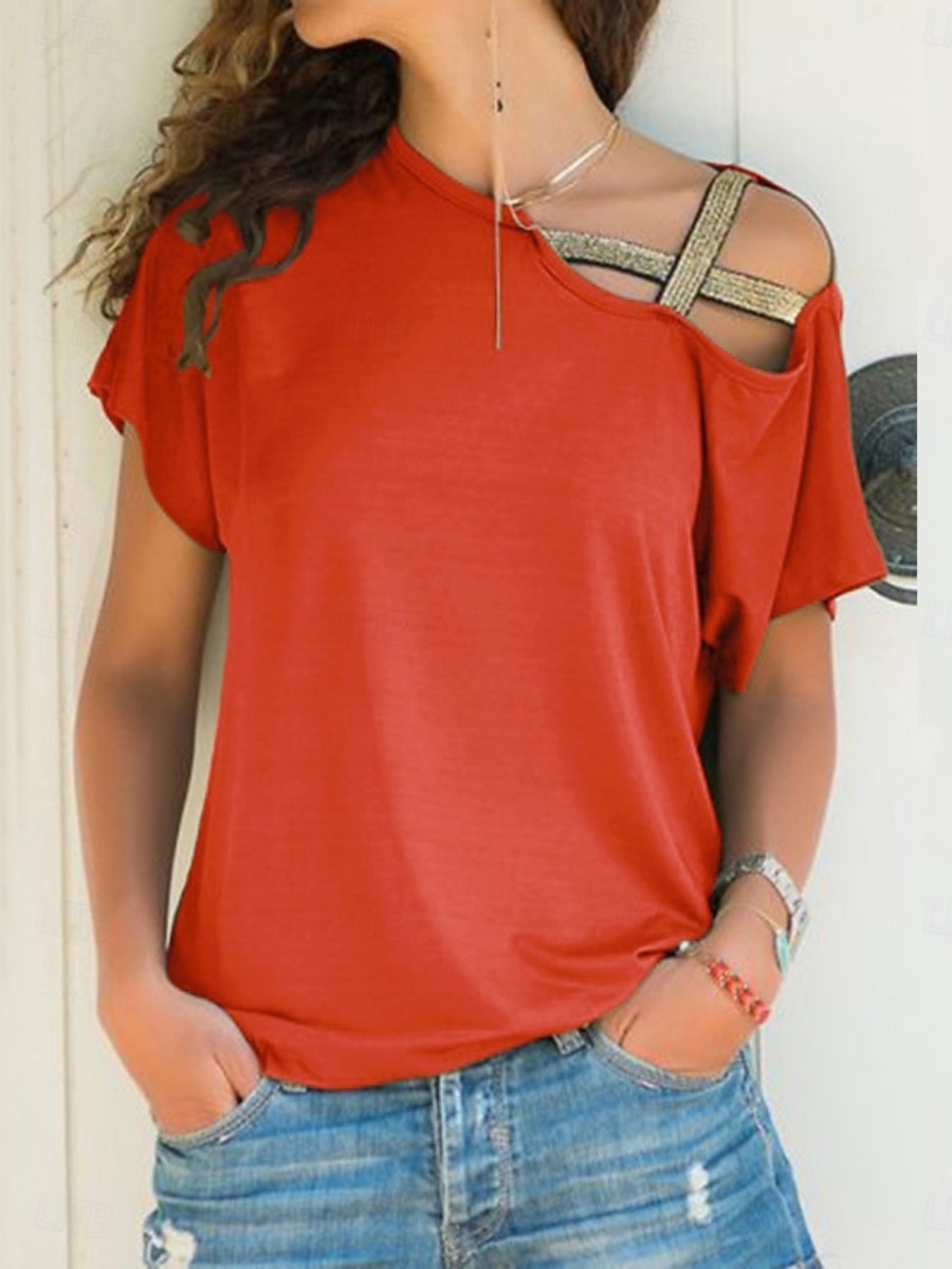 Mujer Camiseta Camiseta superior Retazos Color sólido Elegante Clásico Casual Manga Corta Cuello Barco Tops regulares Diario Noche Fin de semana Azul Piscina Negro Blanco Vino Naranja Verano Primavera 2026 - $19.99 –P5