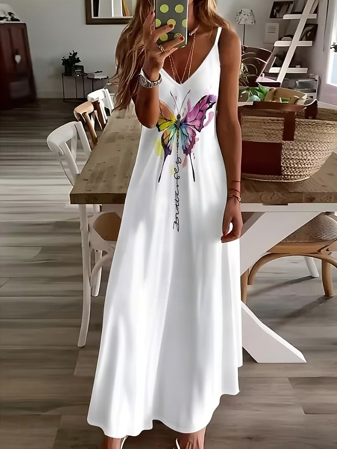 Mujer Vestido maxi Vestido de verano Vestido de una línea Vestido lencero Vacaciones Casual Boho Playa Holgado Graphic Animal Mariposa Sin Mangas Escote en Pico Blanco Verano Primavera 2026 - $36.99 –P1