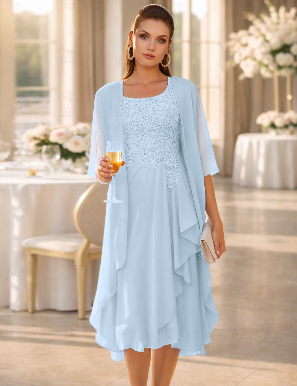 Из двух частей А-силуэт До колена Свадебное платье для гостей Платье для матери невесты Без рукавов Совок шеи Элегантный стиль Свадебный гость Свадебные прием Шифон Кружева Платья-жакеты с 2026 - $157.99 –P5