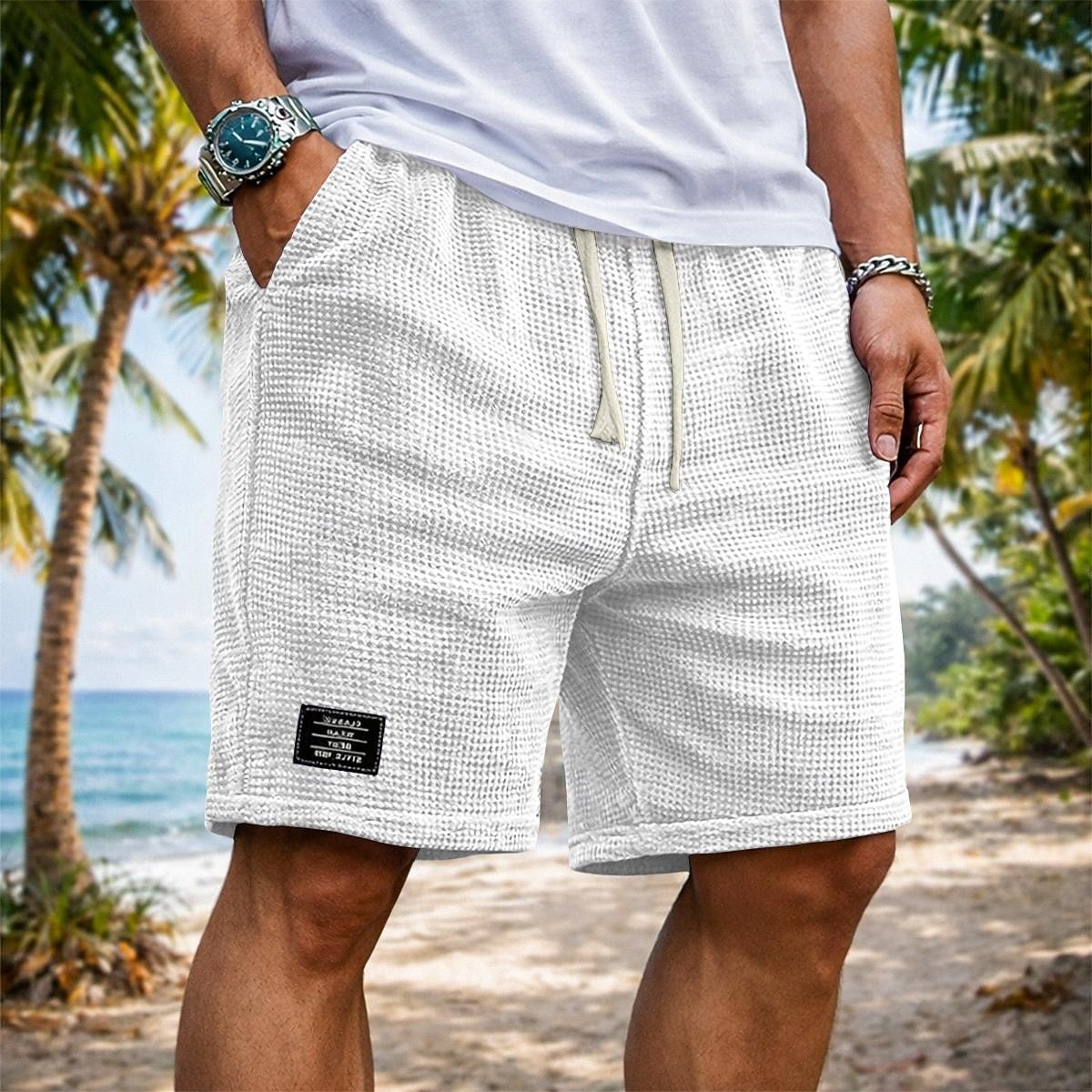 Herr Våffelshorts Shorts Sommarshorts Beach Shorts Casual shorts Snörning Elastisk midja Ensfärgat Slät Komfort Andningsfunktion Knelängd Dagligen Utomhus Streetwear Semester Mode Svart Vit 2026 - $20.99 –P4