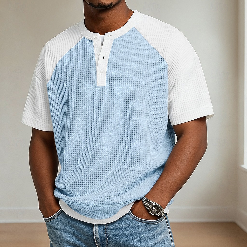 Heren Wafel T-shirt T-shirt Korte mouw Henley Zomer Lente Lente zomer Effen Kleur Met Textuur Modieus Ontwerper Casual Kleurenblok Gebreid Casual Dagelijks Buiten Licht Blauw Lichtgroen Paars Top 2026 - $22.99 –P1
