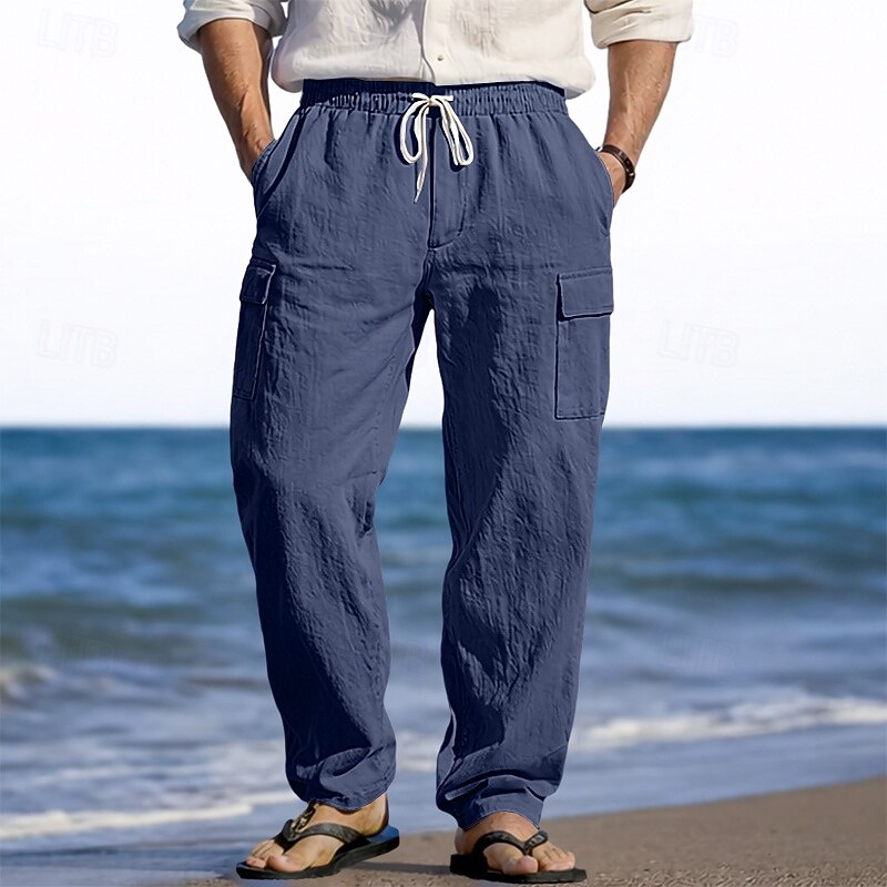 Herr Linne Byxor Långbyxor Sommarbyxor Strandbyxor Snörning Elastisk midja Flera fickor Slät Lättvikt Andningsfunktion Fullängd Ledigt Dagligen Helgdag Semester Mode 다크 카키 Svart Microelastisk 2026 - $25.99 –P14