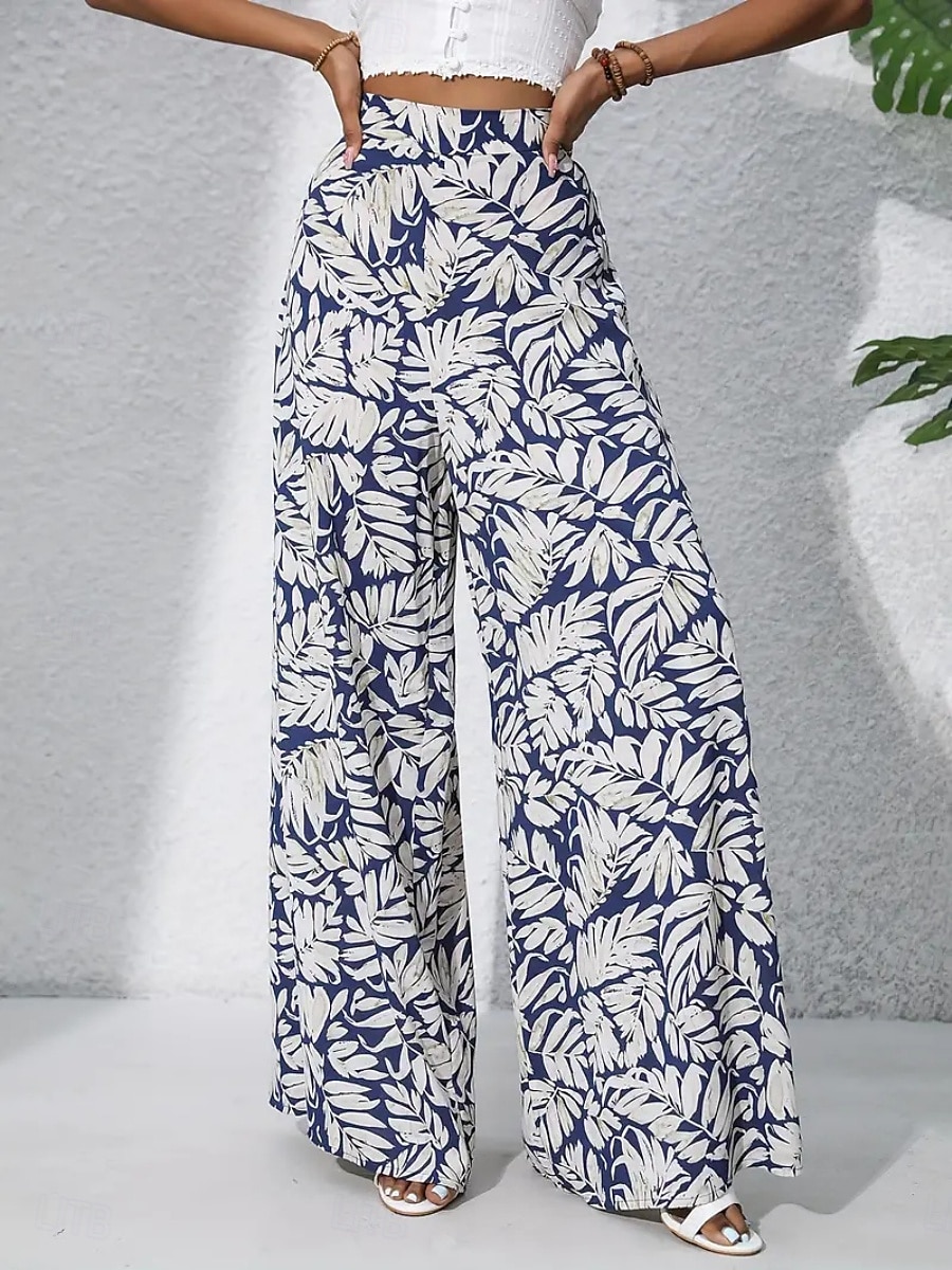 Damen Weite Hosenbeine Chinos Palazzo-Hose Urlaub Streetwear Basic Volle Länge Mittlere Taillenlinie Blumen Tropisch Elastischer Bund Drucken Bequem Unelastisch Täglich Outdoor Straße Blau Marineblau 2026 - $22.99 –P5