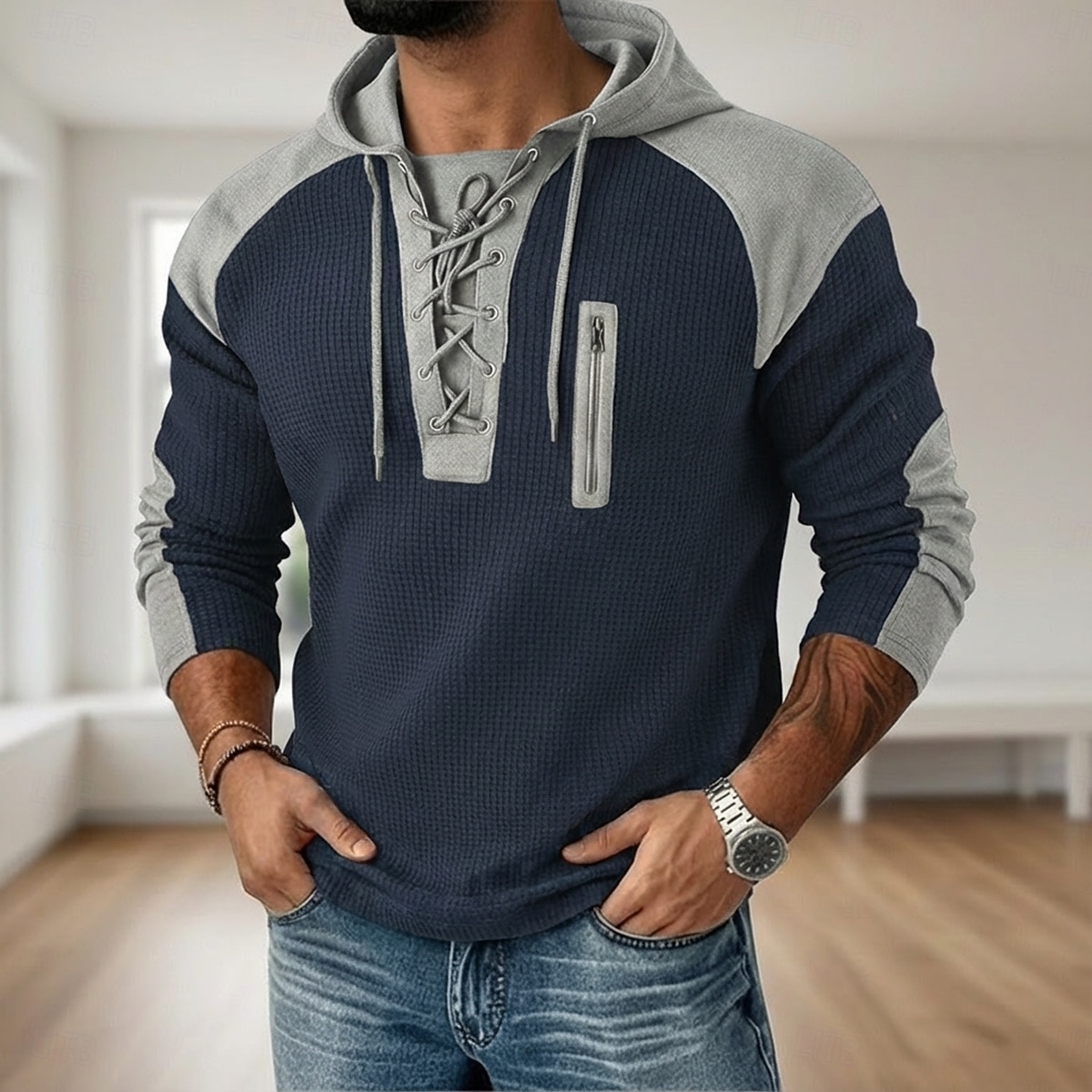 رجالي تي شيرت وافل تي شيرت وافل هينلي قميص كم طويل مع قبعة ربط الحذاء حتى الرقبة الخريف خريف & شتاء لون الصلبة محكم التقليدية / المعتقة هودي رباط فضفاض المنزل الأماكن المفتوحة أزرق فاتح أسود أبيض 2026 - $26.99 –P7