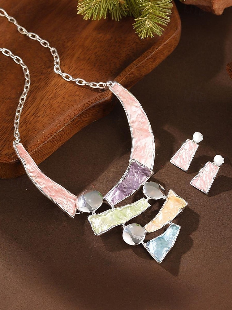 Γυναικείο σετ κολιέ και σκουλαρίκια από μποέμικο κράμα, πολύχρωμα γεωμετρικά κοσμήματα με υφή, κομψά αξεσουάρ boho στυλ για γυναίκες, ιδανικά για casual ντύσιμο, διακοπές, φεστιβάλ και πάρτι 2026 - $11.99 –P9