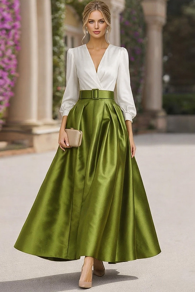 A-linja Kokopitkä Nilkkapituinen Cocktailmekot Tyylikäs Pitkähihainen V kaula-aukko Puutarhajuhlat Häät Satiini Tafti kanssa Laskokset Rypytetty 2026 - $163.99 –P1