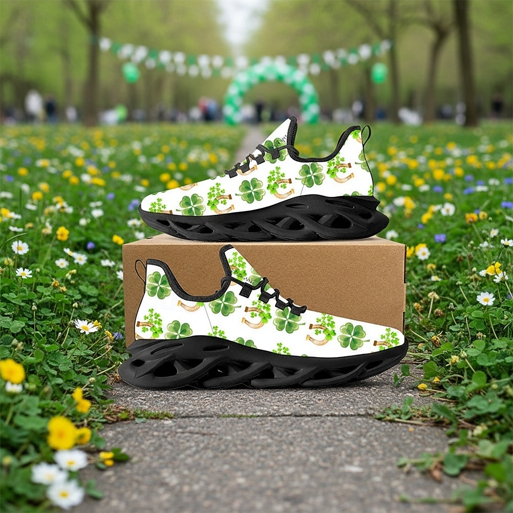 Damsneakers med shamrocktryck och St. Patrick's Day-motiv – lätta och vadderade promenadskor för vardagskläder, parader, utomhusaktiviteter och högtidsfiranden 2026 - $42.99 –P1