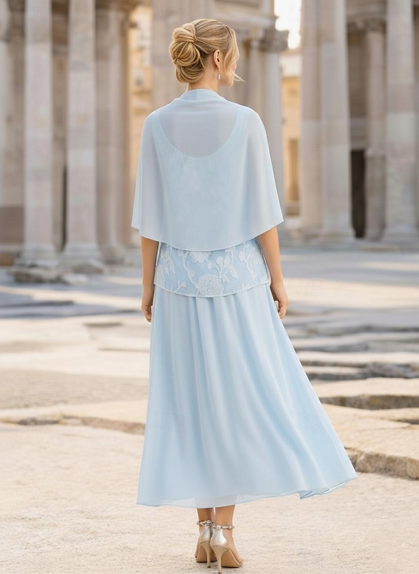 3 Piece Tea Length Midi Dress Mother of the Bride Dress Long Sleeve Scoop Neck Elegant Vintage Formal Wedding Guest Semi Formal Chiffon Jacquard Wrap Included with Cape Flower 2026 - $159.99 –P3