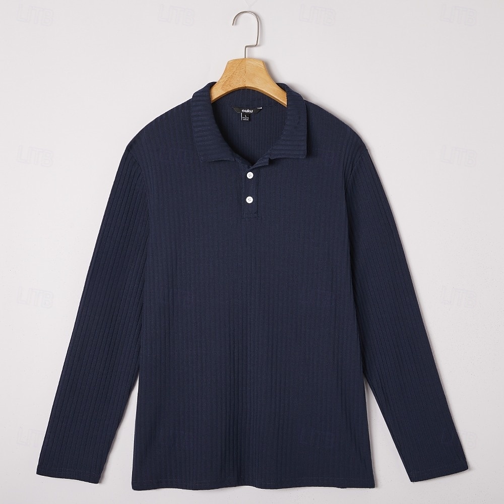 Men's Rib Knit Top Textured Casual Street Lapel Long Sleeve Basic Modern Plain Buttons Spring Fall All Seasons Slim Fit White Gray Rib Knit Top 2026 - $28.99 –P9