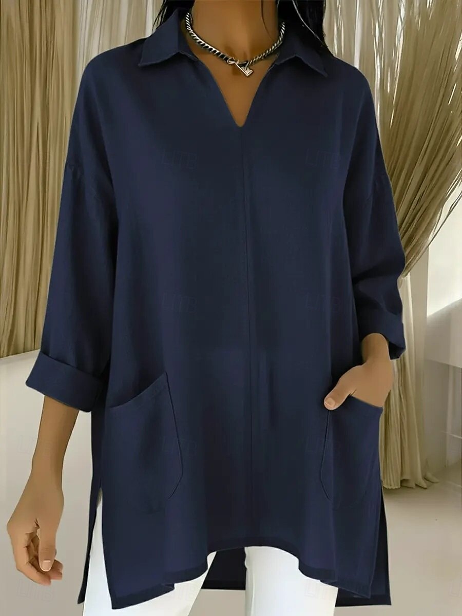 Women's Linen Like Faux Cotton Linen Blouse Pocket Buttons Solid Color Stylish Casual Long Sleeve Shirt Collar Long Tops Daily Blue Black White Red Purple Spring Fall 2026 - $24.99 –P6