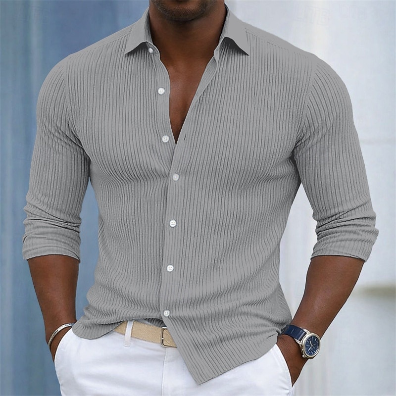 Homens Camisa Social Malha canelada Textura Camisa casual camisa de botão Azul Branco Azul Marinha Cinzento Manga Longa Tecido Tiras verticais Colarinho de Camisa Casual Diário Bolso frontal Roupa de 2026 por $31.99 –P1