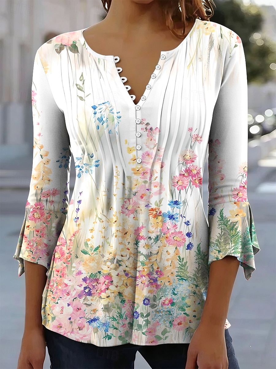 Damen T-Shirt Floral Grafik Elegant 3/4 Länge Ärmel V-Ausschnitt Lange Oberteile Täglich Ausgehen Volants Knöpfe Blau Gelb Violett Grün Sommer Frühling 2026 - $26.99 –P1