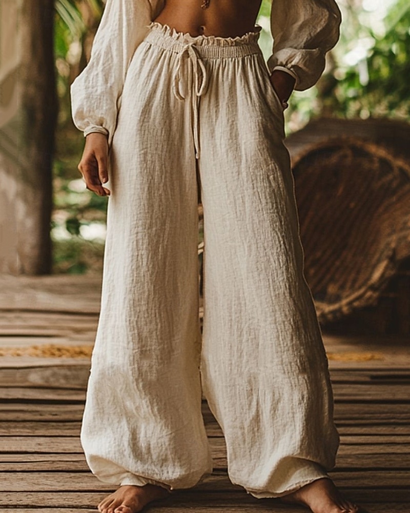 Mujer Pantalones de lino y algodón Perneras anchas Pantalones Pantalones anchos Vacaciones Moda Básico Longitud total Cintura Media Plano Bolsillo Cintura elástica Comodidad Secado rápido Suave Rígido 2026 - ₪77 –P1