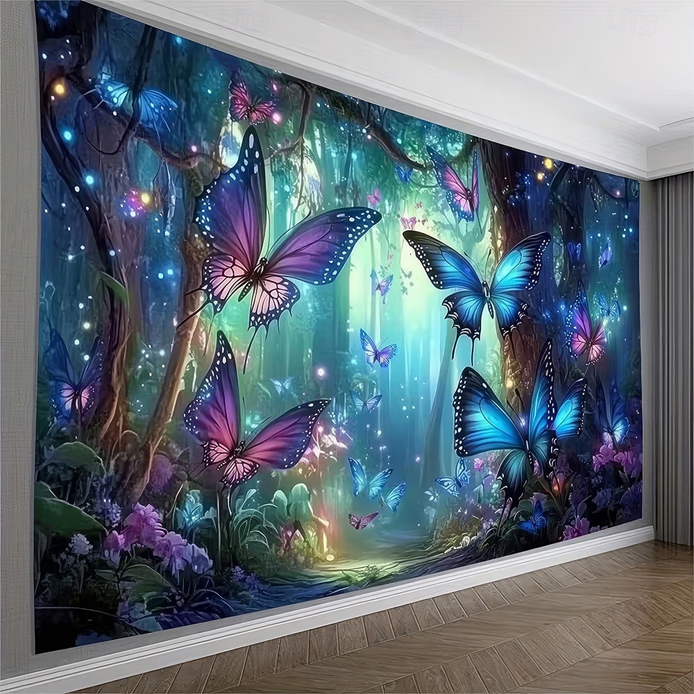 Arazzo da parete con farfalle, estetica, foresta incantata, paesaggio misterioso luminoso, per camera da letto, soggiorno, dormitorio, arredamento per la casa del 2026 a $19.99 –P3