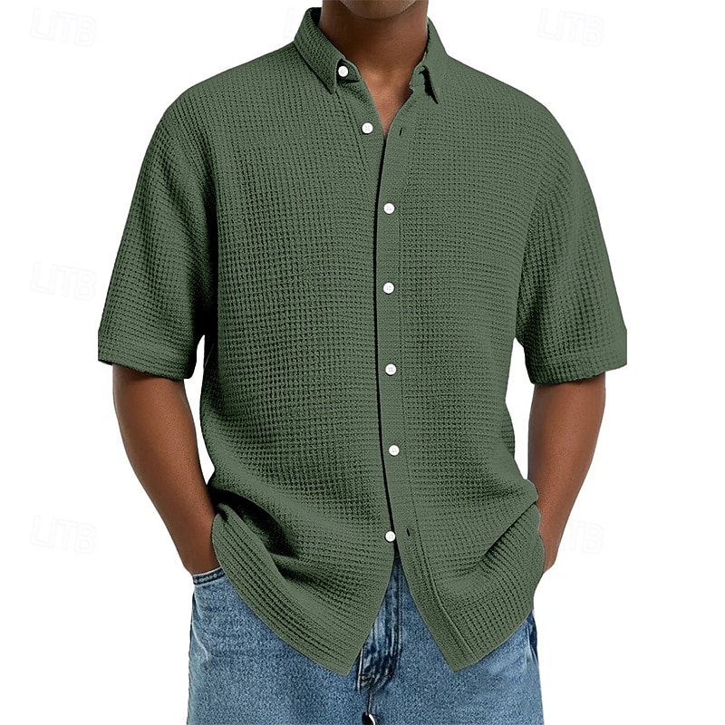 Homens Camisa Social Camisa Waffle Textura Camisa casual camisa de botão Vinho Azul Marinha Manga Curta Tecido Lapela Diário Streetwear Roupa Moda Moderno Casual Confortável de 2026 por $22.99 –P6