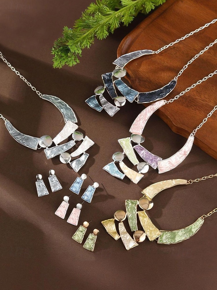 Γυναικείο σετ κολιέ και σκουλαρίκια από μποέμικο κράμα, πολύχρωμα γεωμετρικά κοσμήματα με υφή, κομψά αξεσουάρ boho στυλ για γυναίκες, ιδανικά για casual ντύσιμο, διακοπές, φεστιβάλ και πάρτι 2026 - $11.99 –P4