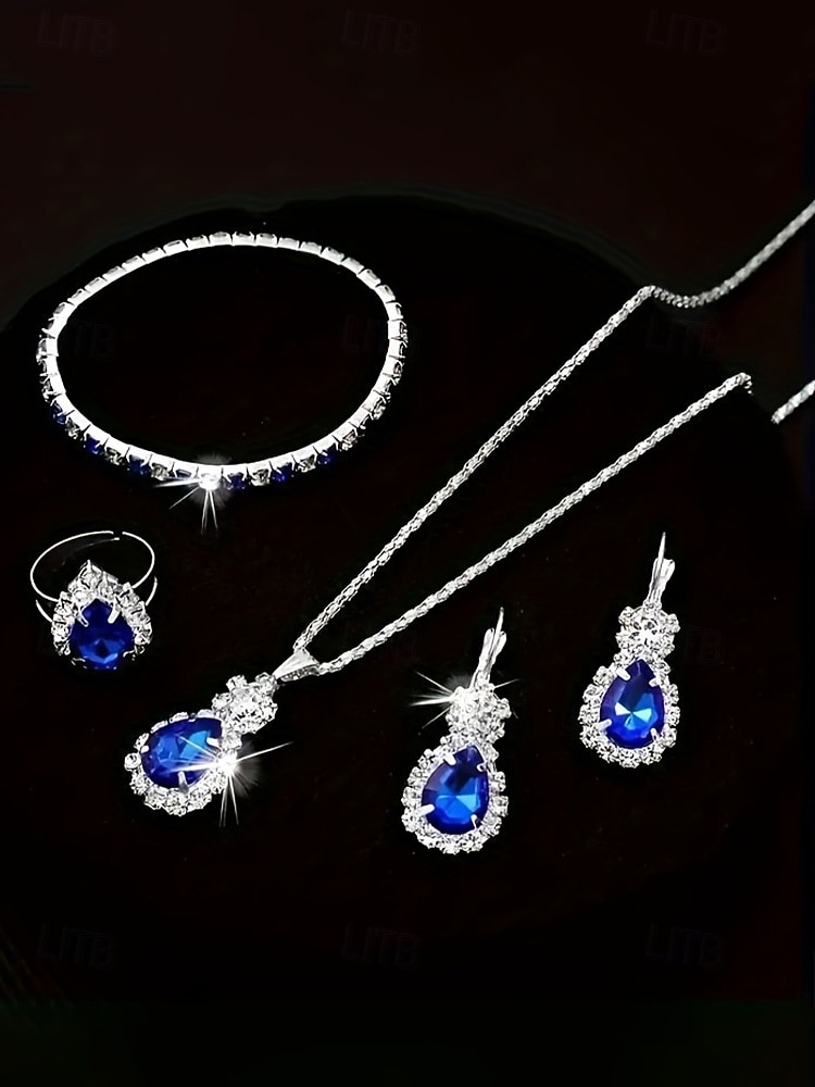 Naisten metalliseoskorusetti, "jotain sinistä" pisarakoru, korvakorut, sormus ja rannekoru, elegantti kimalteleva tyyli morsiamiin, häihin, cocktail-juhliin ja muodollisiin tilaisuuksiin 2026 - $9.99 –P5