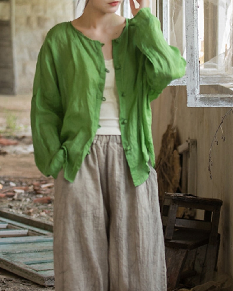 Camisa feminina 100% linho, blusa com botões, lisa, estilo vintage, manga longa, gola redonda, tops regulares para uso diário, férias, sair, nas cores preto, rosa, vermelho e verde, para verão e primavera. de 2026 por $45.99 –P18