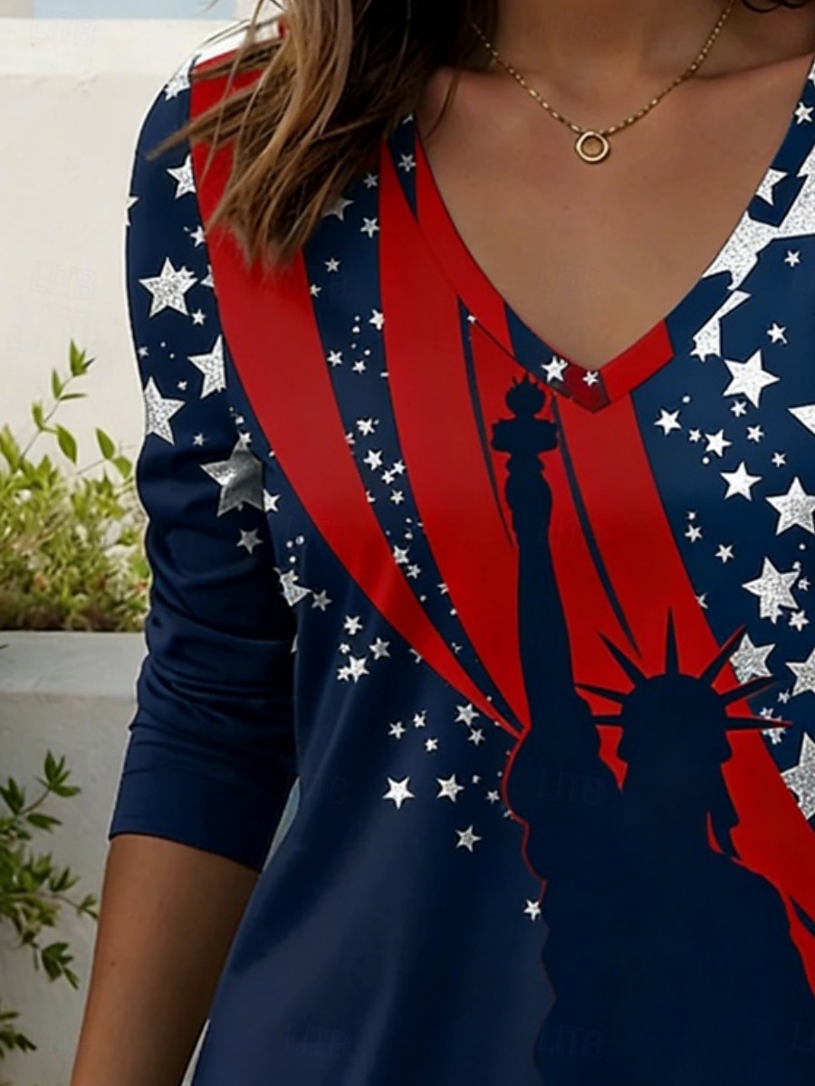 día de la independencia americana Mujer Camiseta Camiseta superior Estampado Graphic Bandera estadounidense Elegante Clásico Casual Manga Larga Escote en Pico Tops regulares Diario Noche Fin de semana 2026 - $21.99 –P3