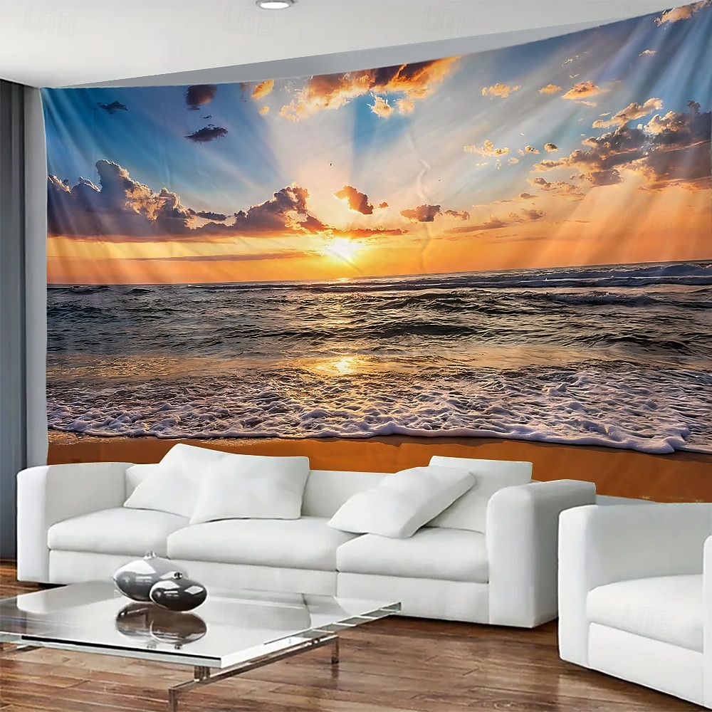 solnedgang strand billedteppe veggteppe hav sjøbølger solstråler natur landskap veggkunst til stue yogarom meditasjonsrom dekor 2026 - $16.99 –P1