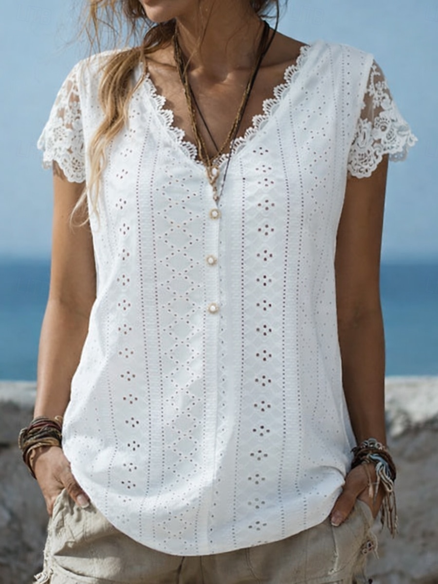 Women's Blouse Lace Eyelet Buttons Solid Color Stylish Basic Casual Short Sleeve V Neck Regular Tops Daily Blue Black White Light Green Pink Summer Spring 2026 - $21.99 –P1