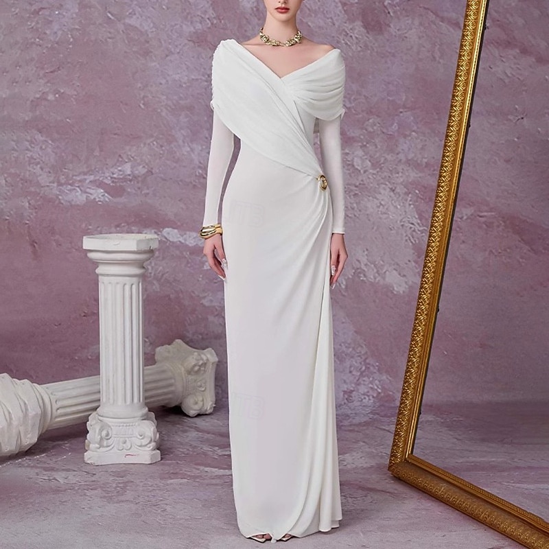 Sheath Column Floor Length Wedding Guest Dress Little White Dress Elegant Little White Dresses Long Sleeve Off Shoulder Wedding with Ruched 2026 - $103.99 –P5