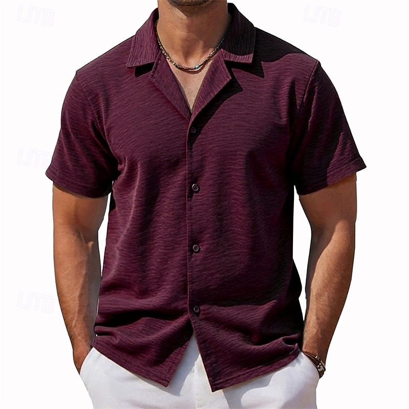 2026年 男性用 シャツ カジュアルシャツ ボタンアップシャツ バーガンディー アプリコット コーヒー 半袖 平織り キューバンカラー カジュアル 日常 衣類 エレガント ファッション カジュアル  コレクション – $31.99 –P3