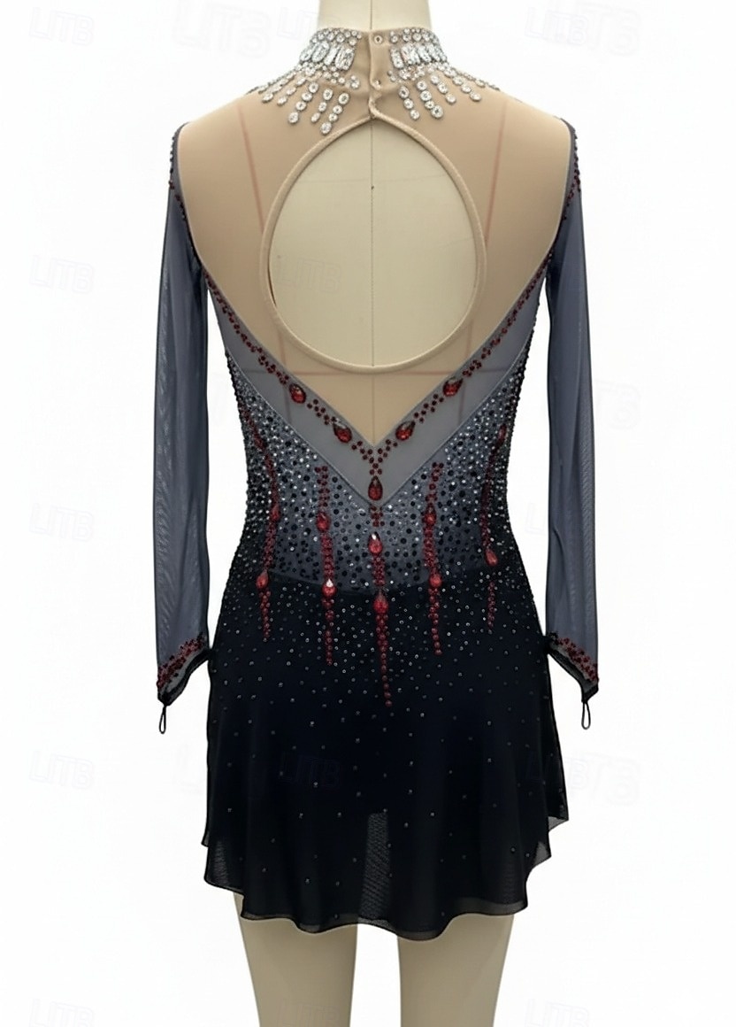 Figure Skating Dress Women's Girls' Ice Skating Dress Black Sliver Patchwork Thumbhole Mesh High Elasticity Training Competition Skating Wear Classic Crystal / Rhinestone Long Sleeve Ice Skating 2026 - $274.99 –P5