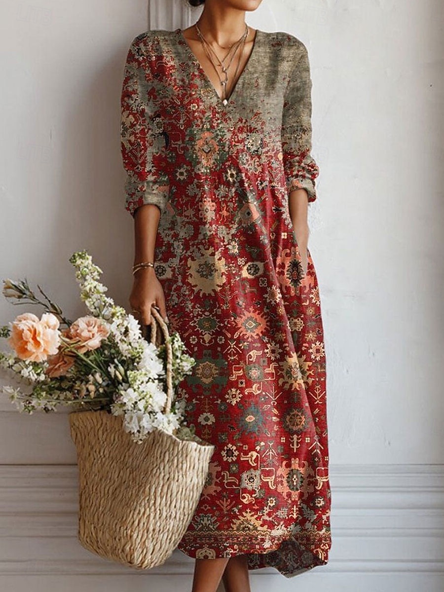 Rochie Maxi pentru Femei din In Ușor și Respirabil Rochie Sundress Casual pentru Petreceri Vacanțe Croi Regular Floral Grafic Mâneci Lungi Gât în V Albastru Galben Roșu Portocalie Vară Primăvară 2026 - $41.99 –P3