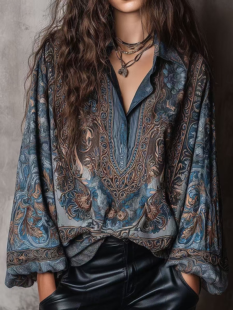 Mujer Camisa Camisa casual Cachemir Vintage Elegante Clásico Manga Larga Escote en Pico Tops regulares Diario Festivos Noche Azul Piscina Primavera Otoño 2026 - $61.99 –P1