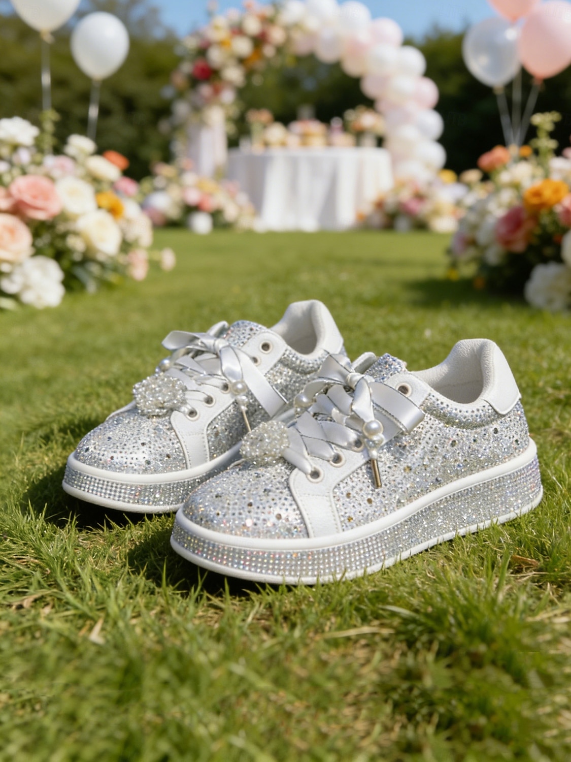 Baskets de mariée argentées à lacets et strass pour femme, chaussures de mariage confortables et scintillantes pour une cérémonie en extérieur dans un jardin. de 2026 ? $54.99 –P1
