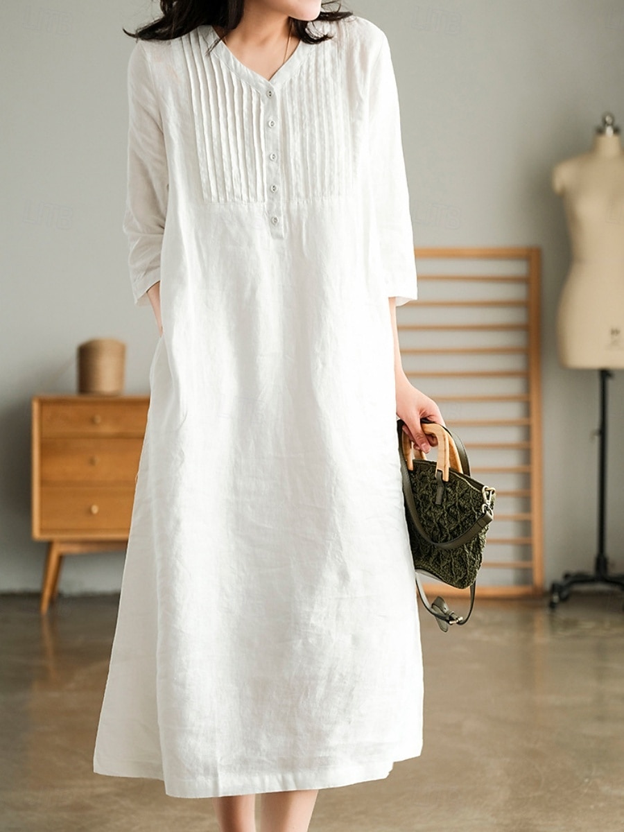 Per donna Abito Midi Abiti effetto lino Abito a Tubino Abito Estivo Casual Quotidiano Vestibilità comoda Semplice Manica 3/4 Scollo a V Blu Arancione Verde Beige Estate Autunno del 2026 a $32.99 –P6