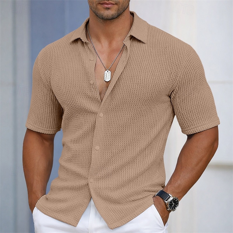 Men's Shirt Texture Casual Shirt Button Up Shirt Light Blue Short Sleeve Plain Shirt Collar Casual Daily Hollow Out Clothing Apparel Elegant Fashion Casual 2026 - $32.99 –P3