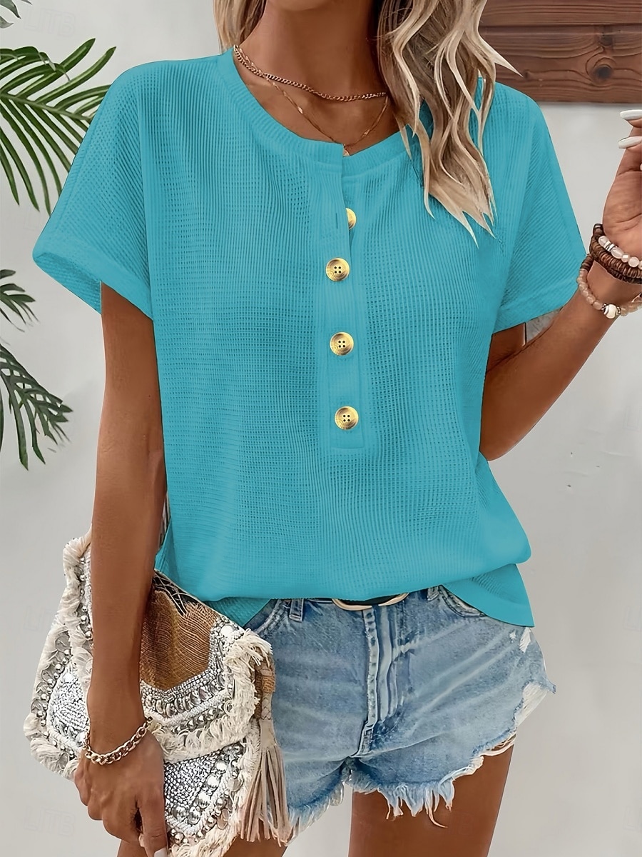 Women's T Shirt Tee Top Buttons Plain Fashion Stylish Classic Short Sleeve Crew Neck Regular Tops Daily Going out Weekend Blue Black Red Summer Spring 2026 - $24.99 –P4