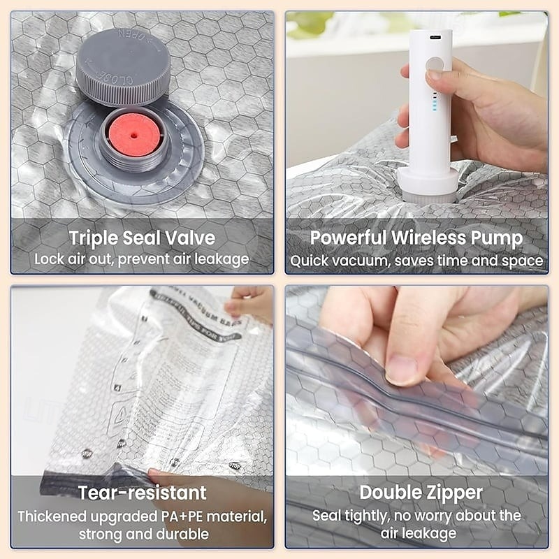Bolsas de compresión para almacenamiento al vacío de viaje inalámbricas, juego de bolsas grises reutilizables con sellado al vacío, organizador de ropa transparente para equipaje, armario, embalaje de viaje. 2026 - $16.99 –P7