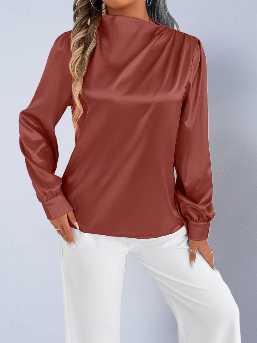 Dames Overhemd Satijnen overhemd Normaal shirt Met ruches Effen Stijlvol Basic Klassiek Lange mouw Hoge nek Normale tops Dagelijks Feestdagen Uitgaan Zwart Wit Wijn Rood Lente Herfst 2026 - $22.99 –P7