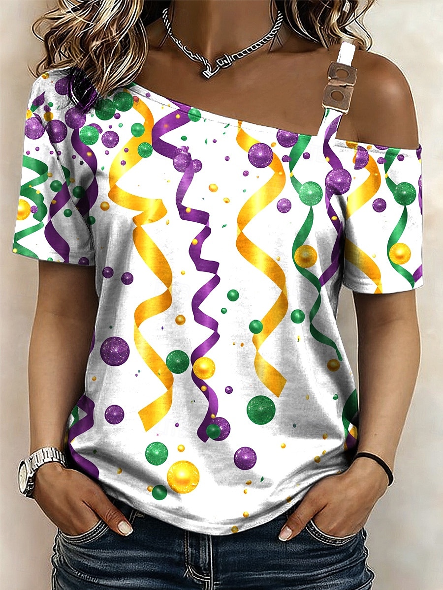 Mardi Gras Dámské Tričko Grafika Tropický vzhled Havajské stylové Krátký rukáv Asymetrický krk Crop Tops Svatba na pláži Denní Sport Bílá / černá Bílá Žlutá Světle zelená Fialová Léto Jaro 2026 - $21.99 –P3