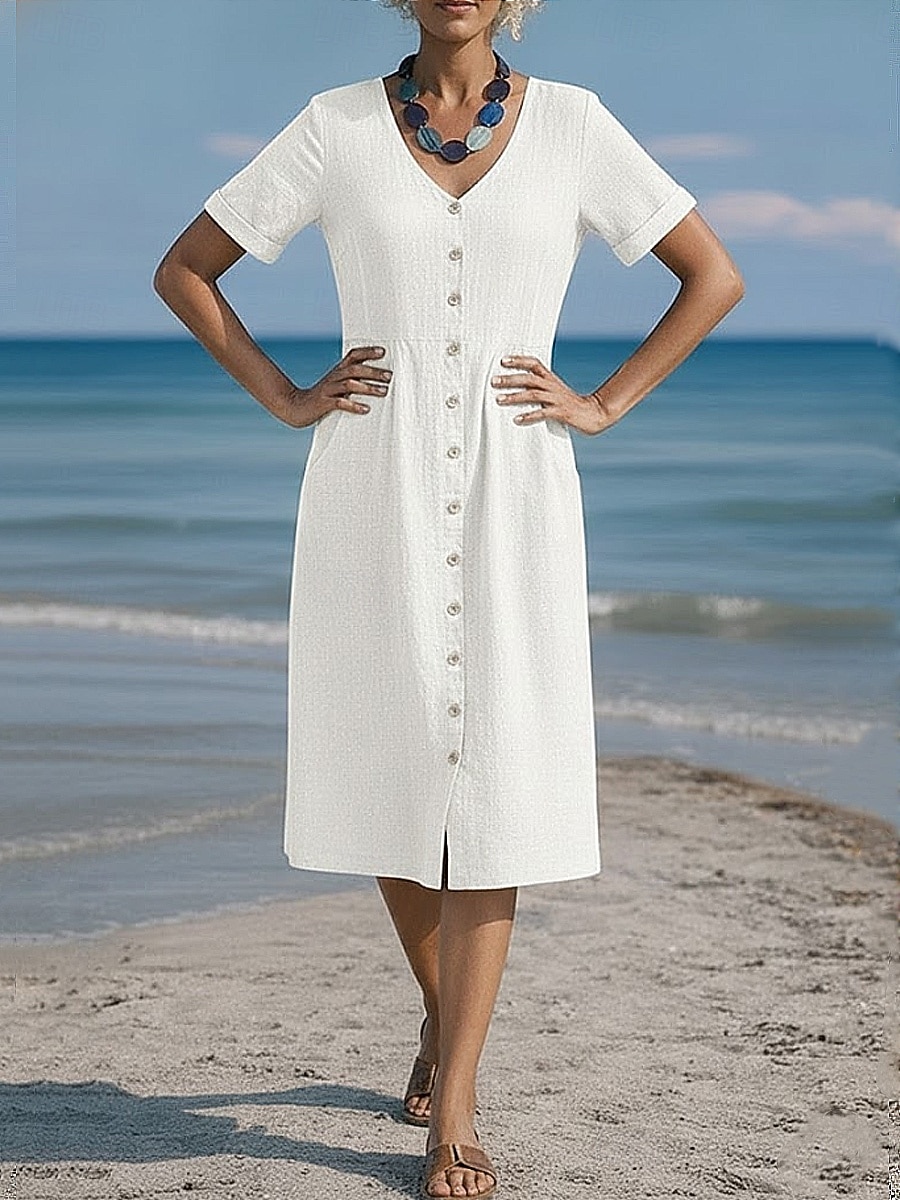 Damskie Sukienka midi Sztuczna bawełna len Sukienka A line Codzienny Codzienny Regularny Równina Krótki rękaw W serek Niebieski Czarny Biały Wino Lato Wiosna 2026 - $31.99 –P9