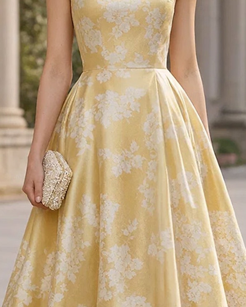 A-Line Tea Length Cocktail Dresses Wedding Guest Dresses Elegant Short Sleeve Boat Neck Garden Party Formal Satin Lace with Floral Print Pleats Ruched 2026 - $194.99 –P4