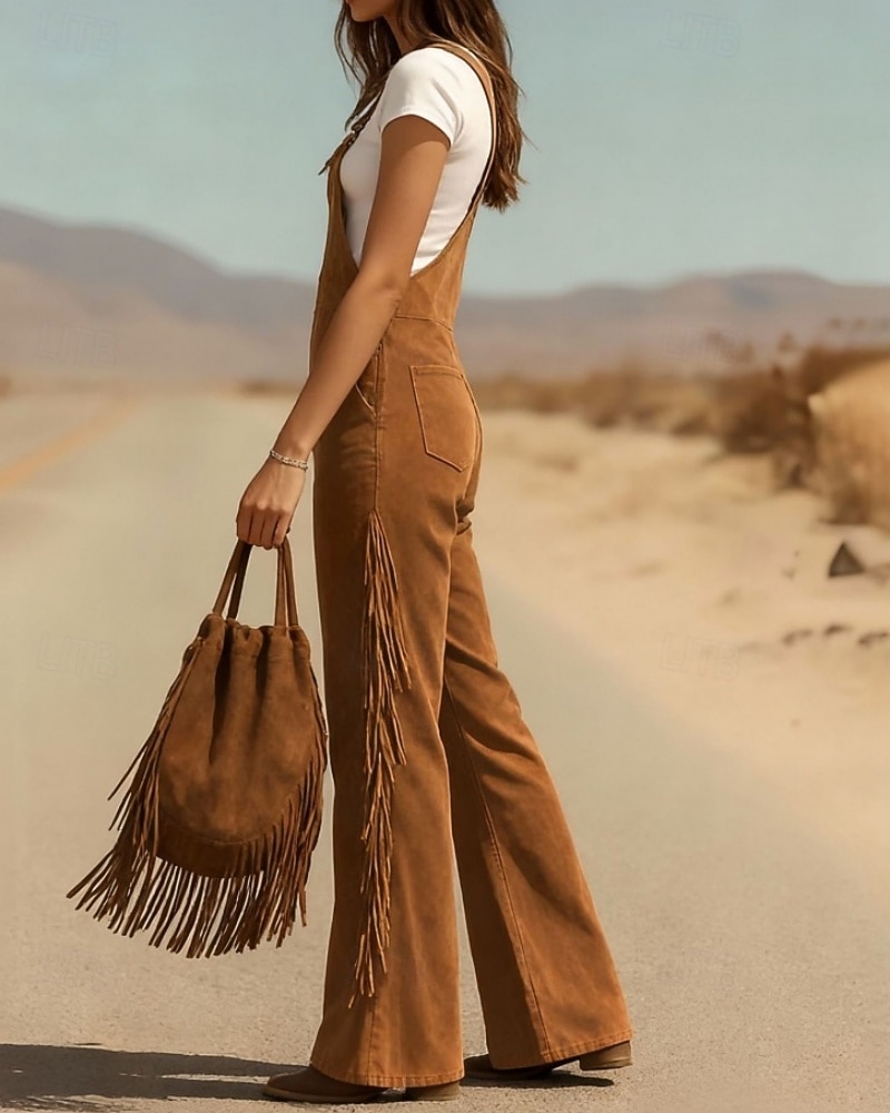 Жен. Брюки карго Широкие Биб Колготки Комбинезон Мода Уличный стиль На каждый день Полная длина Завышенная Полотняное плетение С кисточками Карман удобный Неэластичная 2026 - $61.99 –P12