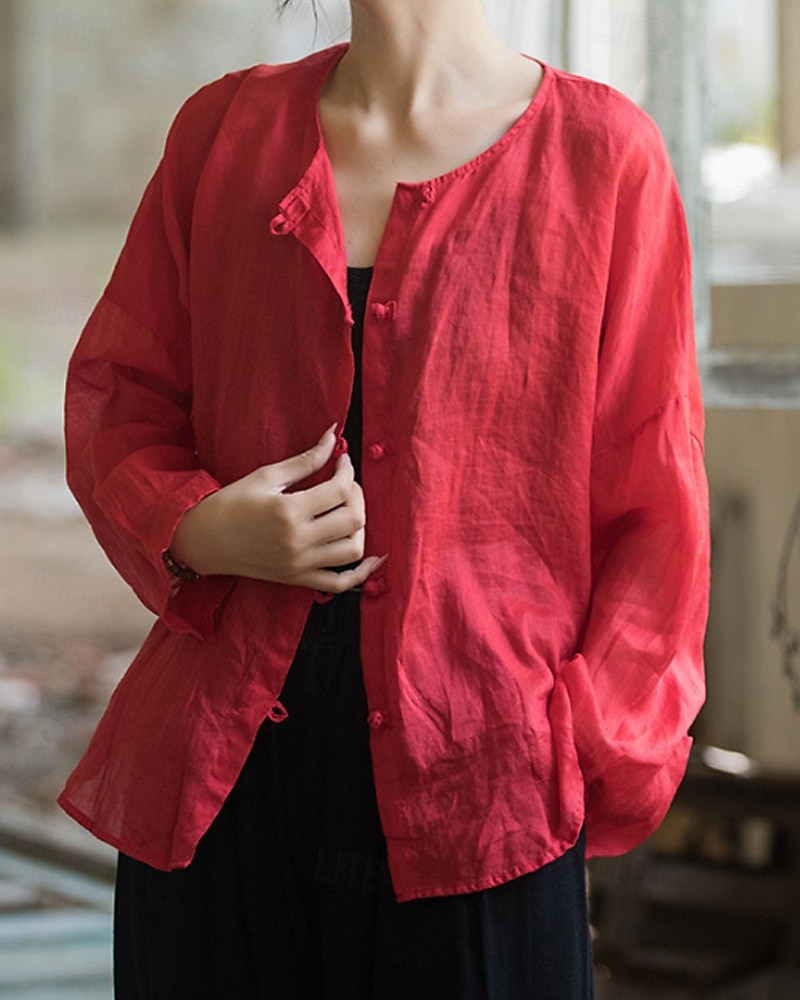 Camisa feminina 100% linho, blusa com botões, lisa, estilo vintage, manga longa, gola redonda, tops regulares para uso diário, férias, sair, nas cores preto, rosa, vermelho e verde, para verão e primavera. de 2026 por $45.99 –P13
