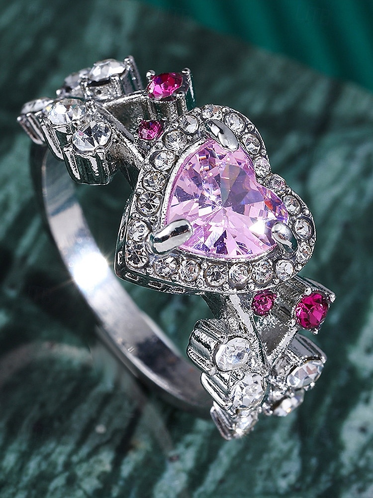 Inel de damă în formă de inimă cu piatră prețioasă roz – material din aliaj, pietre roz și transparente, design elegant – perfect pentru nunți și Ziua Îndrăgostiților 2026 - $7.99 –P6