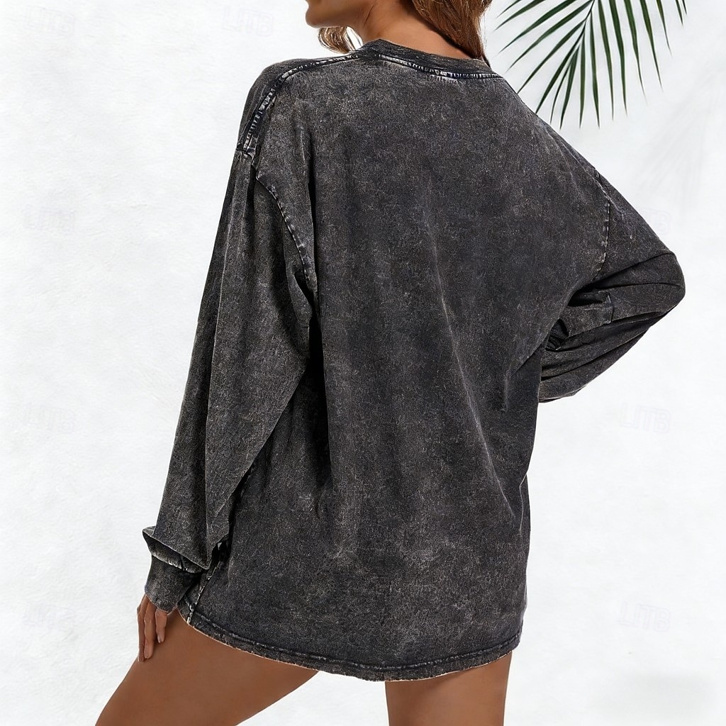 Camiseta de gran tamaño de 100% algodón para mujer tops vintage lavados estilo vintage casual de manga larga cuello redondo regulares para el día salir fin de semana negra marfil verde ejército rojo 2026 - $21.99 –P2