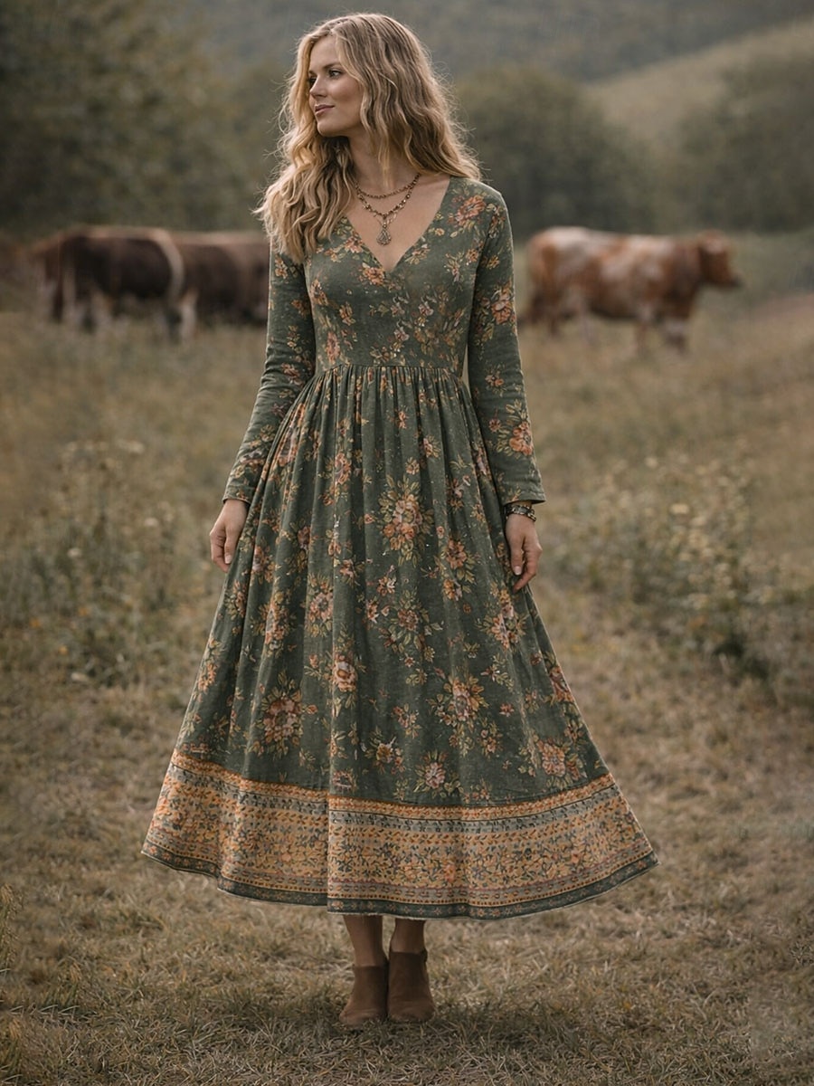 Vestido Midi Boho para Mujer Vestido Corte A Fiesta Casual Cita Ajuste Regular Gráfica Floral de Manga Larga Cuello en V Rojo Púrpura Naranja Verde Verano Primavera Otoño 2026 - $41.99 –P4