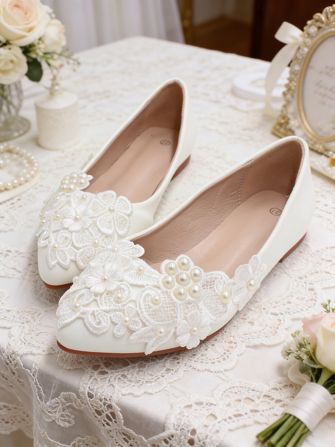 Women's Ivory Lace Ballet Flats with Floral Appliqué, Elegant Bridal Shoes for Bride at Church Wedding Ceremony 2026 - $54.99 –P1
