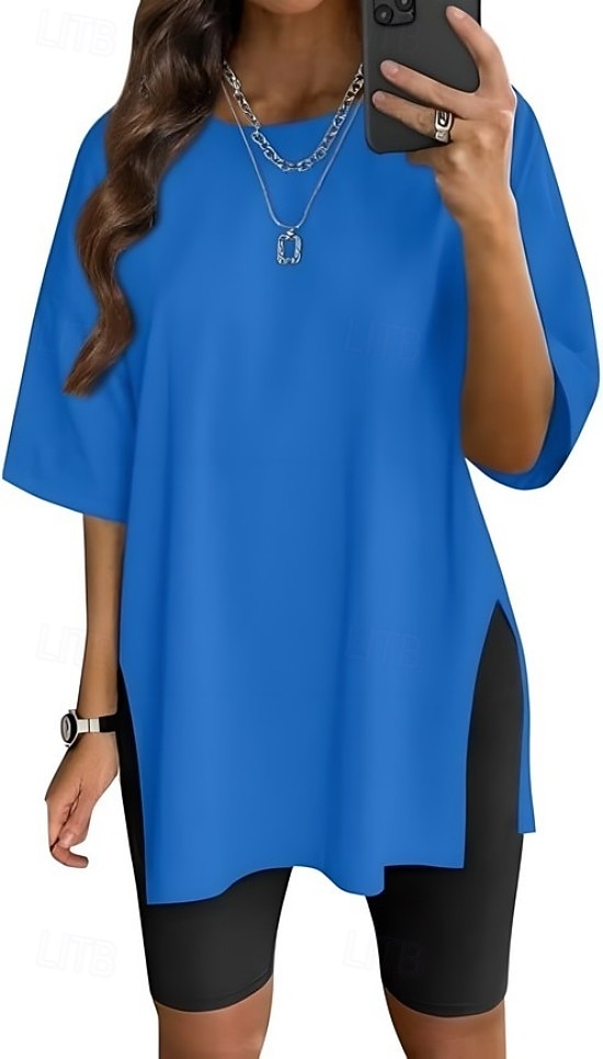Dames T-shirt Zijsplit Effen Kleur Grafisch Modieus Klassiek Casual Korte mouw Strakke ronde hals Ronde hals Lange tops Dagelijks Uitgaan blauw Zwart Wit Lichtgroen Blozend Roze Zomer Lente 2026 - $21.99 –P5