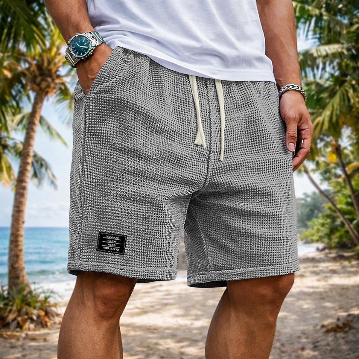 Herr Våffelshorts Shorts Sommarshorts Beach Shorts Casual shorts Snörning Elastisk midja Ensfärgat Slät Komfort Andningsfunktion Knelängd Dagligen Utomhus Streetwear Semester Mode Svart Vit 2026 - $20.99 –P3